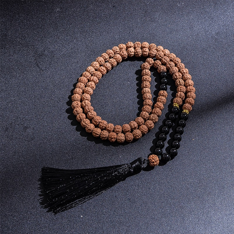 Japamala 108 Contas + Pulseira de Brinde Sementes de Rudraksha e Ônix Negro