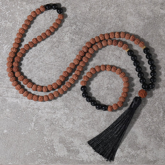 Japamala 108 Contas + Pulseira de Brinde Sementes de Rudraksha e Ônix Negro