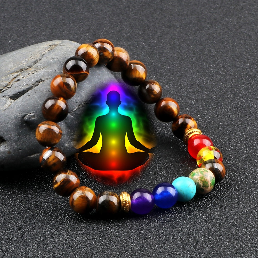 Pulseira 7 Chakras + Olho de Tigre e Lava Vulcânica