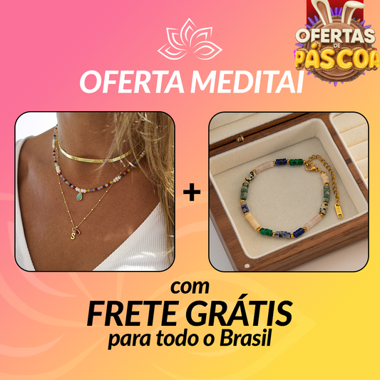 Kit Promocional - Colar Gargantilha Chic Pérola e Cristal e Pulseira Selene de Pedras Naturais