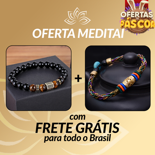 Kit Promocional - Pulseira da Clareza Mental Onix Negro e Olho de Tigre e Pulseira Tibetana 8 Fios