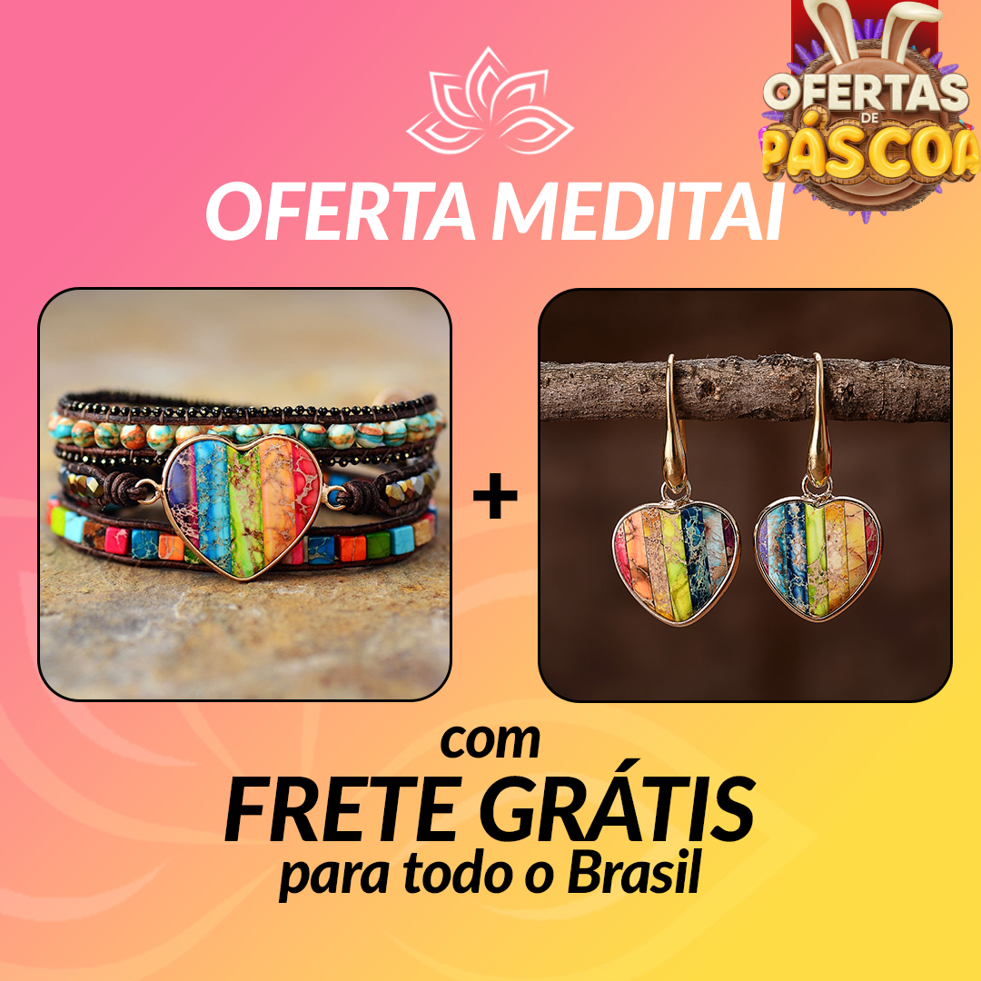 Kit Promocional - Pulseira Coração e Brincos Coração 7 Chakras