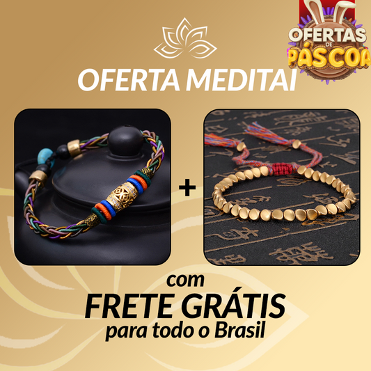 Kit Promocional - Pulseira Tibetana 8 Fios e Pulseira Contas Douradas