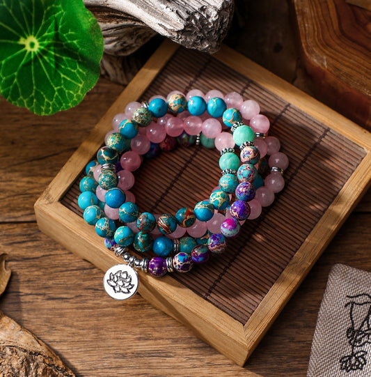 Colar Pulseira Quatzo Rosa, Amazonita, Jaspe Imperial e Turquesa Azul - 108 Contas Pedras Naturais