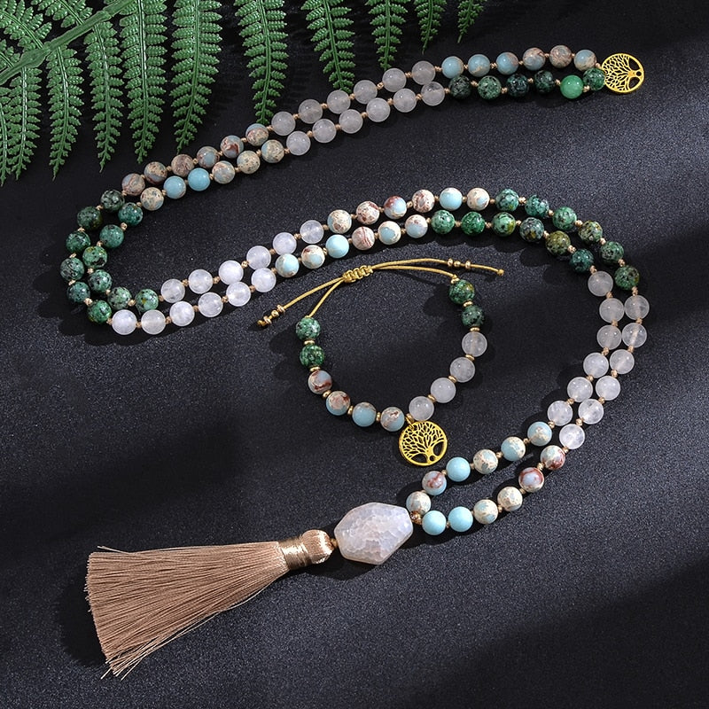 Japamala 108 Contas + Pulseira de Brinde Jade Branca e Turquesa Africana